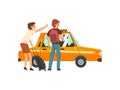 Taxi Service, Two Men with Suitcase and Backpack Catching Taxi Car Cartoon Vector Illustration