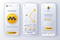 Taxi service unique neomorphic design kit for mobile app neomorphism style. Online taxi booking screens with route. Transportation Royalty Free Stock Photo