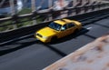Taxi speeding over a bridge