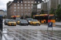 Taxi stand in city and rainy weather in Copenhagen Denmark