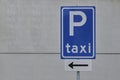 Taxi stop or stand sign. Taxicab rank, waiting area for cabs, parking zone blue information signage