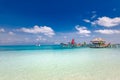Maldives island, over water villa with seaplane. Sunny tropical weather, exotic nature scenic. Travel background
