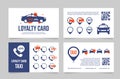 Taxi transportation service loyalty card template set vector illustration. City travel bonus collect