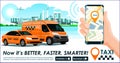 Taxi & trucking industry app banner. City skyline modern buildings hi-tech & taxi cab also smartphone gps map in hand. Concept tem
