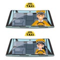 Taxi vehicle interior driver worker car wheel ride male female driving transportation isolated flat design vector