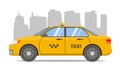 Taxi yellow car cab sedan.City skyline skyscrapers.Service transport icon.