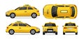 Taxi yellow car with side, front, back and top. City transport taxi icon set for mobile, web, promotions. Taxi cab isolated on