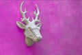 Decorative deer head sculpture on bright pink cement wall, template urban culture with space for text