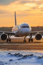 Taxiing Airbus A320 Ural Airlines on the platform of Moscow Domodedovo Airport at sunset