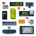 Taximeter Devices Set, Taxi Service Calculating Equipment, Electronic Measurement Appliances Vector Illustration on