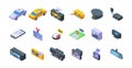 Taximeter icons set isometric vector. Auto trip