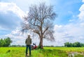 The silhouette traveler man under old tree in travel journey