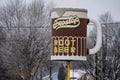 The Frostop Root Beer sign at the classic, retro drive in restaurant, taken in winter
