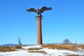 Tazheranskaya stepp, Russia, February, 25, 2017. Bronze sculpture of a giant eagle in Tazheranskaya steppe