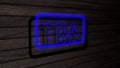 TBA blue color neon fluorescent tubes signs on wooden wall. 3D render, illustration, poster, banner. Inscription, concept on gray