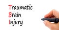 TBI traumatic brain injury symbol. Concept words TBI traumatic brain injury on paper on a beautiful white background. Doctor hand