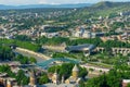 Tbilisi city panorama. New Summer Rike park, river Kura, the European Square and the Bridge of Peace