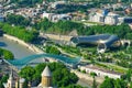 Tbilisi city panorama. New Summer Rike park, river Kura, the European Square and the Bridge of Peace