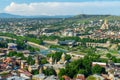 Tbilisi city panorama. New Summer Rike park, river Kura, the European Square and the Bridge of Peace