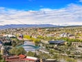 Tbilisi city panorama. Rike park, river Kura, the European Square and the Bridge of Peace.