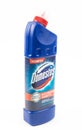 TBILISI, GEORGIA- April 18, 2020:Domestos toilet cleaner bottle on white