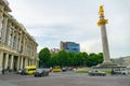 TBILISI, GEORGIA - April 30, 2014: Statue of St. George on the main square of Tbilisi city - Liberty square