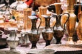 Tbilisi, Georgia. Close View Of Jugs In Shop Flea Market Of Antiques Old Retro Vintage Things Royalty Free Stock Photo