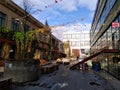 TBILISI, GEORGIA - December 8 2018: The modern design of the courtyard of the urban art zone Fabrika with graffiti Royalty Free Stock Photo