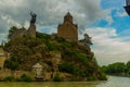 TBILISI, GEORGIA: Equestrian statue of Georgian King Vakhtang Gorgasali and Metekhi Temple