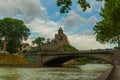 TBILISI, GEORGIA: Equestrian statue of Georgian King Vakhtang Gorgasali and Metekhi Temple