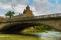 TBILISI, GEORGIA: Equestrian statue of Georgian King Vakhtang Gorgasali and Metekhi Temple