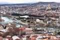 TBILISI, GEORGIA - January 08, 2023: Beautiful top view landscape of Tbilisi Georgia. Sight-seeing the Holy Trinity Church and the