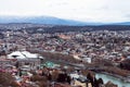 TBILISI, GEORGIA - January 08, 2023: Beautiful top view landscape of Tbilisi Georgia. Sight-seeing the city scape and the Kura