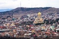 TBILISI, GEORGIA - January 08, 2023: Beautiful top view landscape of Tbilisi Georgia. Sight-seeing the Holy Trinity Church and the