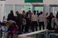 Tbilisi. Georgia. march 2020. Airport control tourist boarding plane taking a flight a wearing face mask. Coronavirus