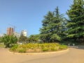 TBILISI, GEORGIA - - MAY 17, 2018: Park near the road. Houses built against the sky City in spring