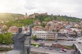 Aerial photo. Drone flies above Tbilisi Georgia city center.Metekhi Cathedral and monument of King Vakhtang Gorgasali.