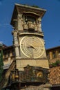 TBILISI, GEORGIA - SEP 25, 2016: The leaning clock tower of Rezo Gabriadze Marionette Theatre. Tbilisi, Georgia. Royalty Free Stock Photo