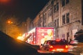 Tbilisi, Georgia - 28th december, 2021: Coca cola xmas festive decorated trucks caravan tour in city Tbilisi streets