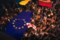 Tbilisi, Georgia - 20th June, 2022: Aerial view people march in streets on major EU-pro rally event. Thousands of people on