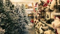 Tbilisi, Georgia - 16th november, 2021: Super store aisle view shelves full with xmas decorations for home festive preparation