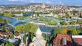 Tbilisi skyline aerial drone view from above, Kura river and old town of Tbilisi cityscape, Georgia