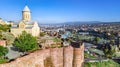 Tbilisi skyline aerial drone view from above, Narikala fortress and old town of Tbilisi cityscape, Georgia