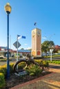 Clock tower and street sculpture in Te Aroha, New Zealand