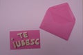 Te iubesc, rumanian I love you composed with handmade wooden letters over pink card