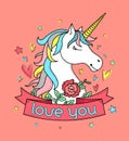 Te poster, label, greeting card or apparel print with unicorn, flowers, hearts and pink on red background. Lettering Royalty Free Stock Photo