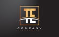 TE T E Golden Letter Logo Design with Gold Square and Swoosh.