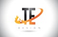 TE T E Letter Logo with Fire Flames Design and Orange Swoosh.