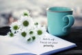 Note to self. Focus on your priority. Self motivation concept on flat lay vintage background with notebook flowers and coffee cup. Royalty Free Stock Photo