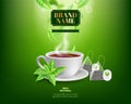 Tea ad background. Realistic green and black drink advertisement with branded teabags. Leaves and porcelain cup on
